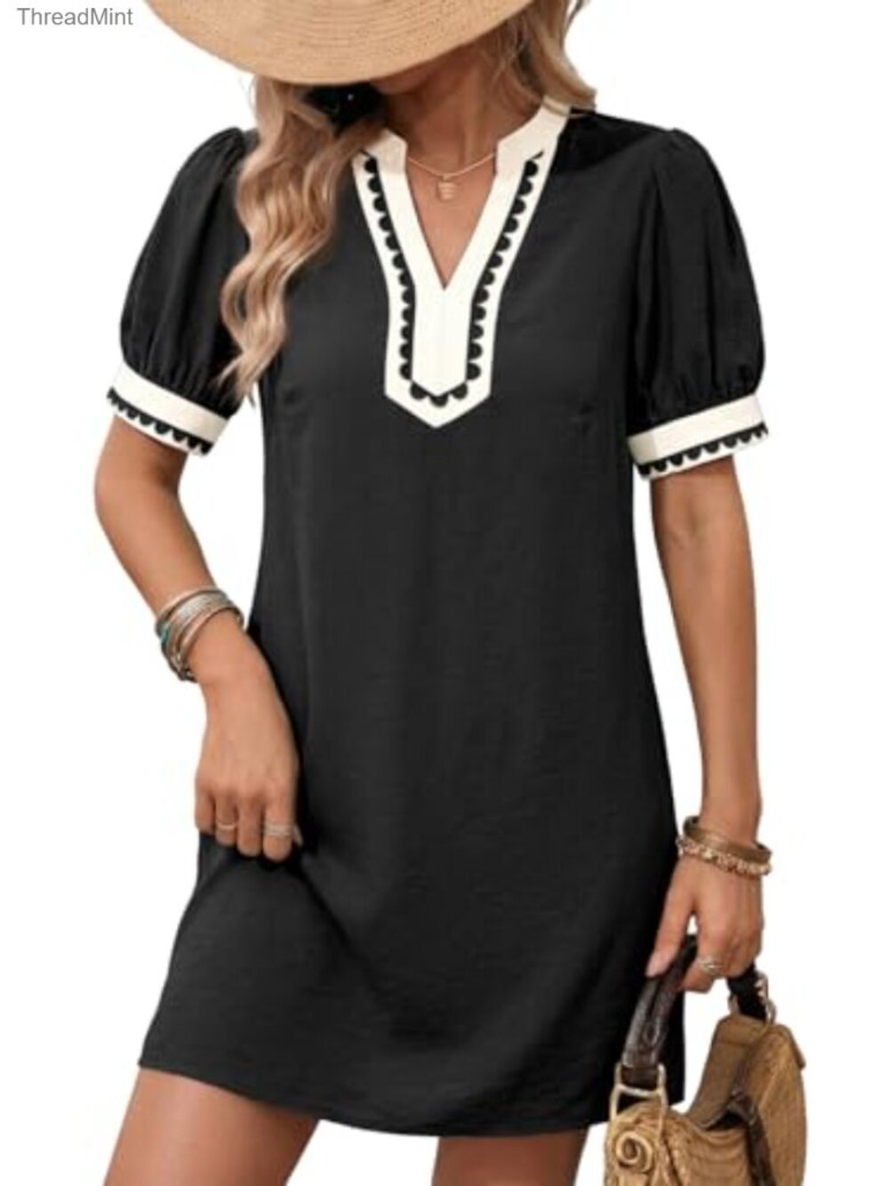 Women's Boho Floral Puff Short Sleeve V Neck Casual Mini Sundress